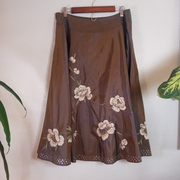 Boden Silk Olive Green Cream Floral Embroidered Sequined Bohemian Skirt 14 - Picture 4 of 10